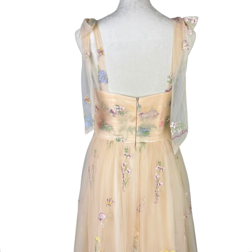 Neutral Cream Tulle Tie Straps Long A Line Flower Embroidered Prom Formal Dress - Picture 7 of 13